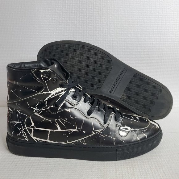 BALENCIAGA Black Marble Leather Sneakers US 7/ EU 40 Black Mens Hi Top